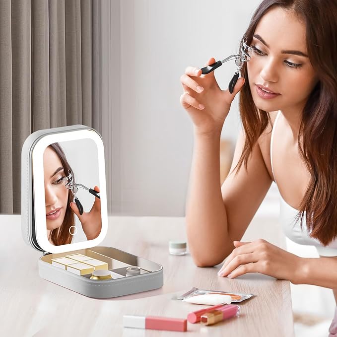 LED Travel Jewelry Case and Makeup Bag with Mirror