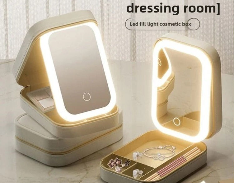 LED Travel Jewelry Case and Makeup Bag with Mirror