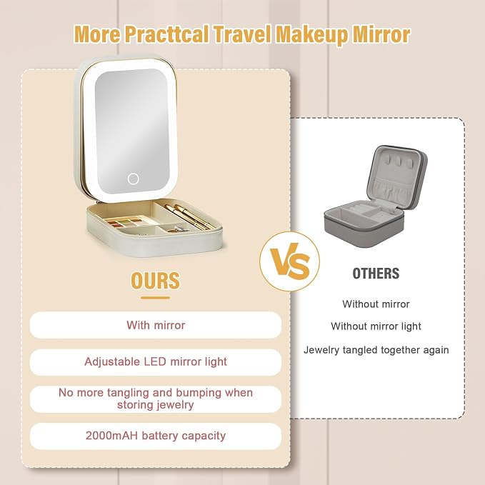 LED Travel Jewelry Case and Makeup Bag with Mirror