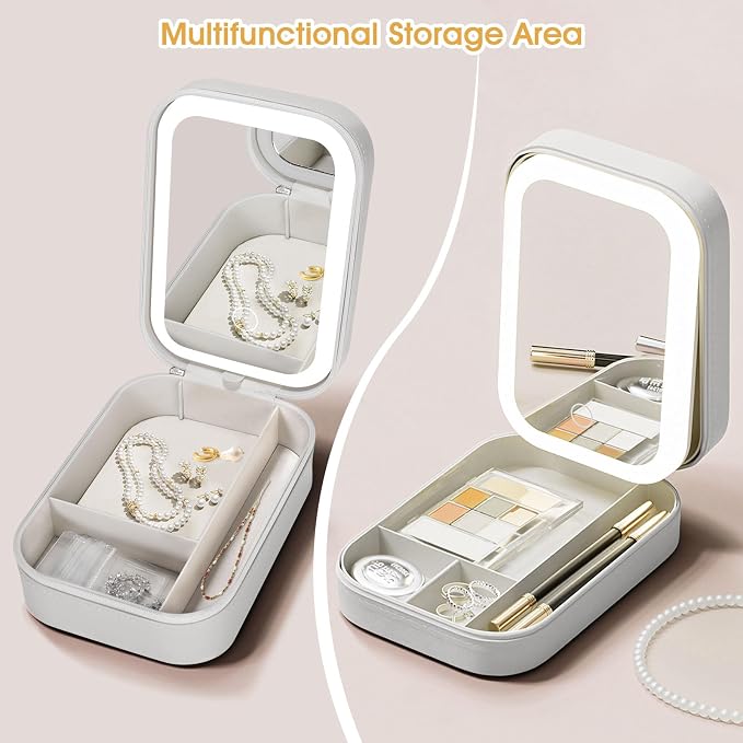 LED Travel Jewelry Case and Makeup Bag with Mirror