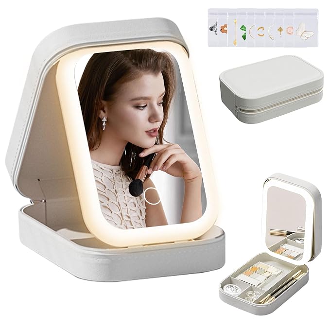 LED Travel Jewelry Case and Makeup Bag with Mirror