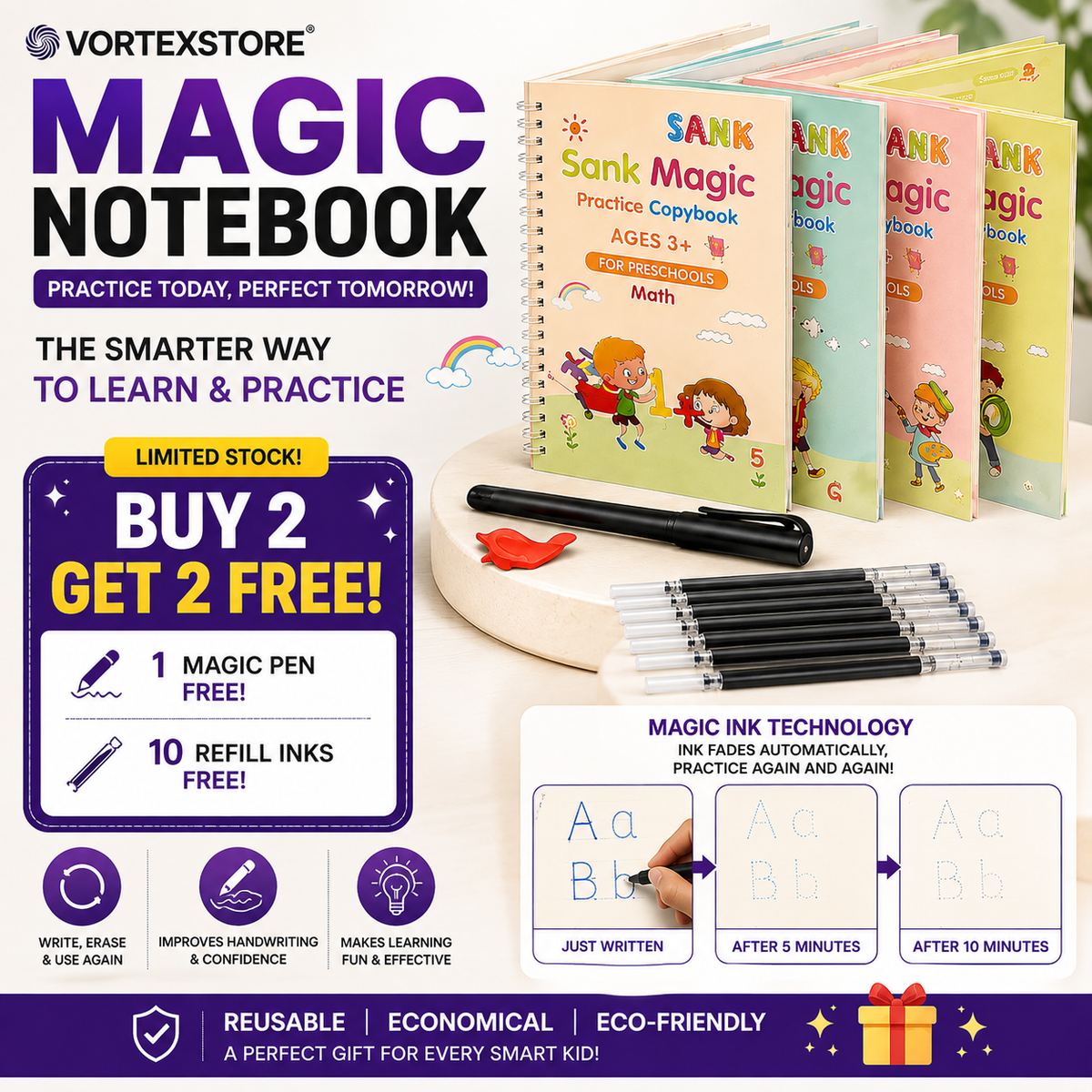 Vortex Magic Practice Copybook (No more struglling  with kids) (Buy 2 Get 2 Free)(1 magic pen & 10 refills free)