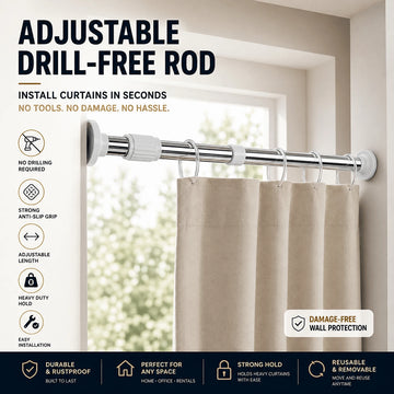 Vortex Store Drill-Free Adjustable Rod™  (Deewar mein hole nahi karna? Bas rod adjust karo, press karke fit karo.)