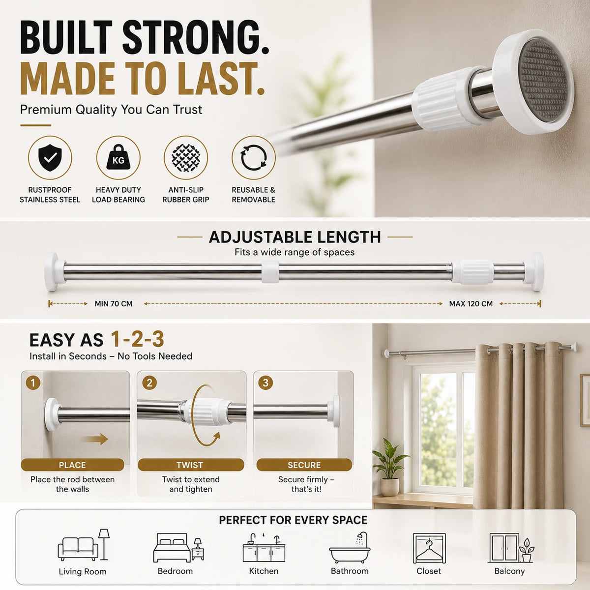 Vortex Store Drill-Free Adjustable Rod™  (Deewar mein hole nahi karna? Bas rod adjust karo, press karke fit karo.)