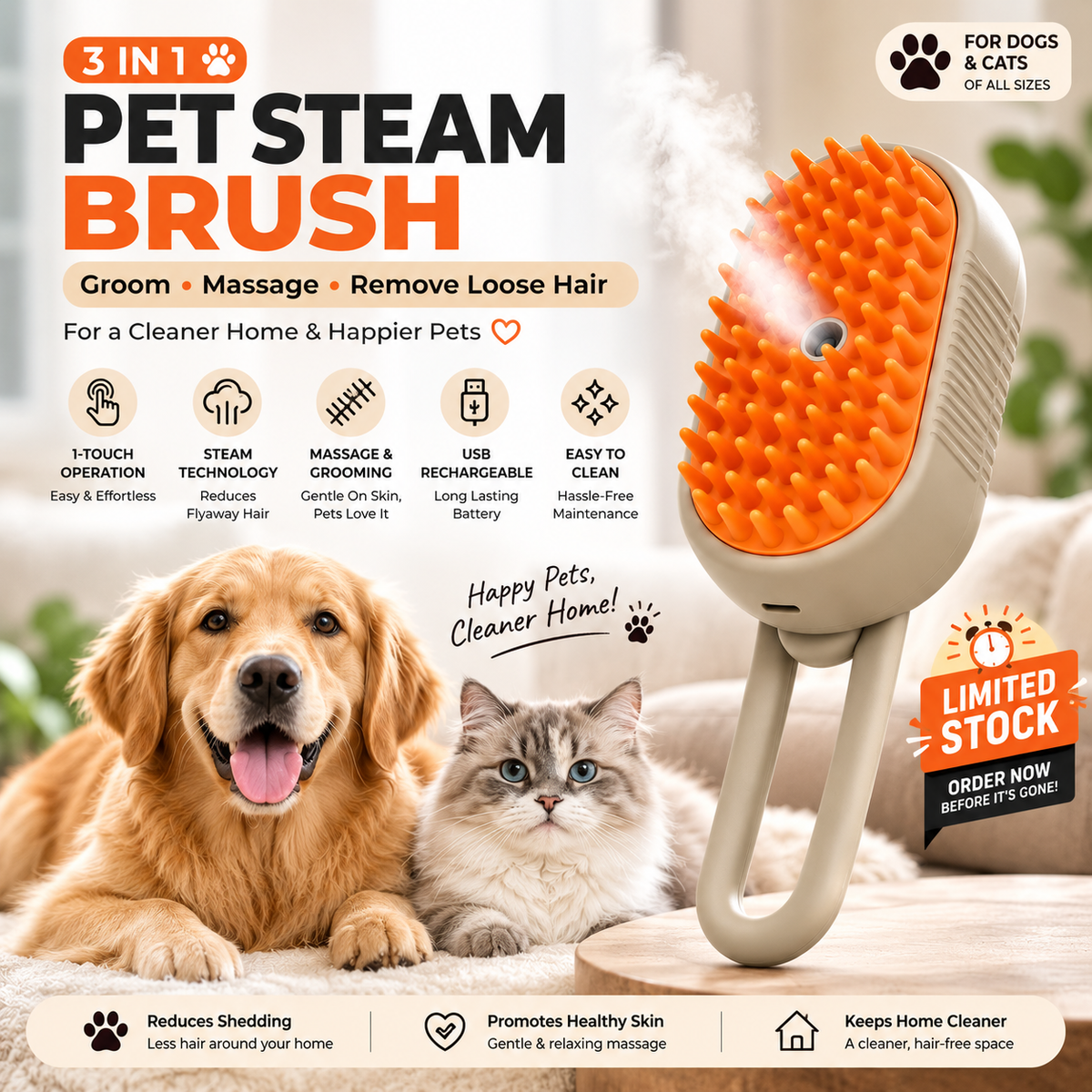 VortexStore™ Fur-Free Home 3-in-1 Steamy Pet Brush & Vapor Cleanser   (Pet ke baal brush karte waqt har jagah udte hain? We have the solution.)