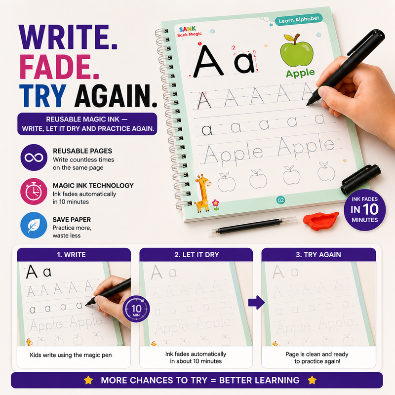 Reusable magic ink — write, let it dry and practice again.