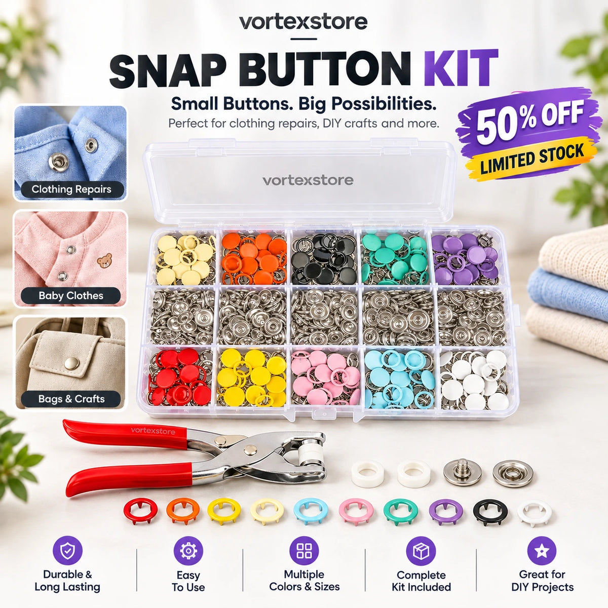 VortexStore Snap Button Tool Kit (Snap buttons ghar par khud install karein.)