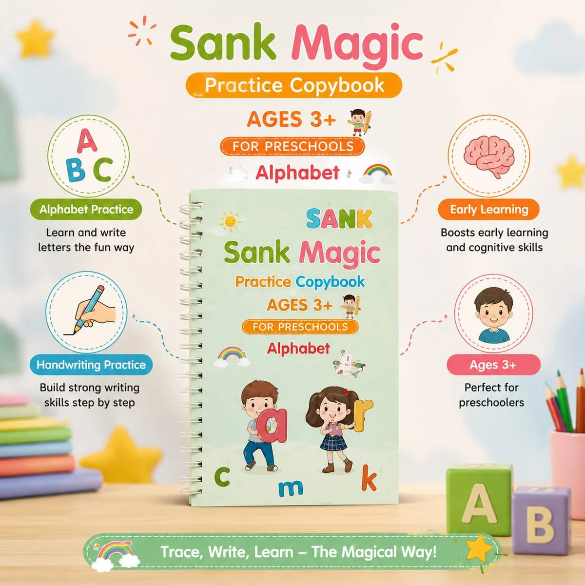 Vortex Magic Practice Copybook (No more struglling  with kids) (Buy 2 Get 2 Free)(1 magic pen & 10 refills free)